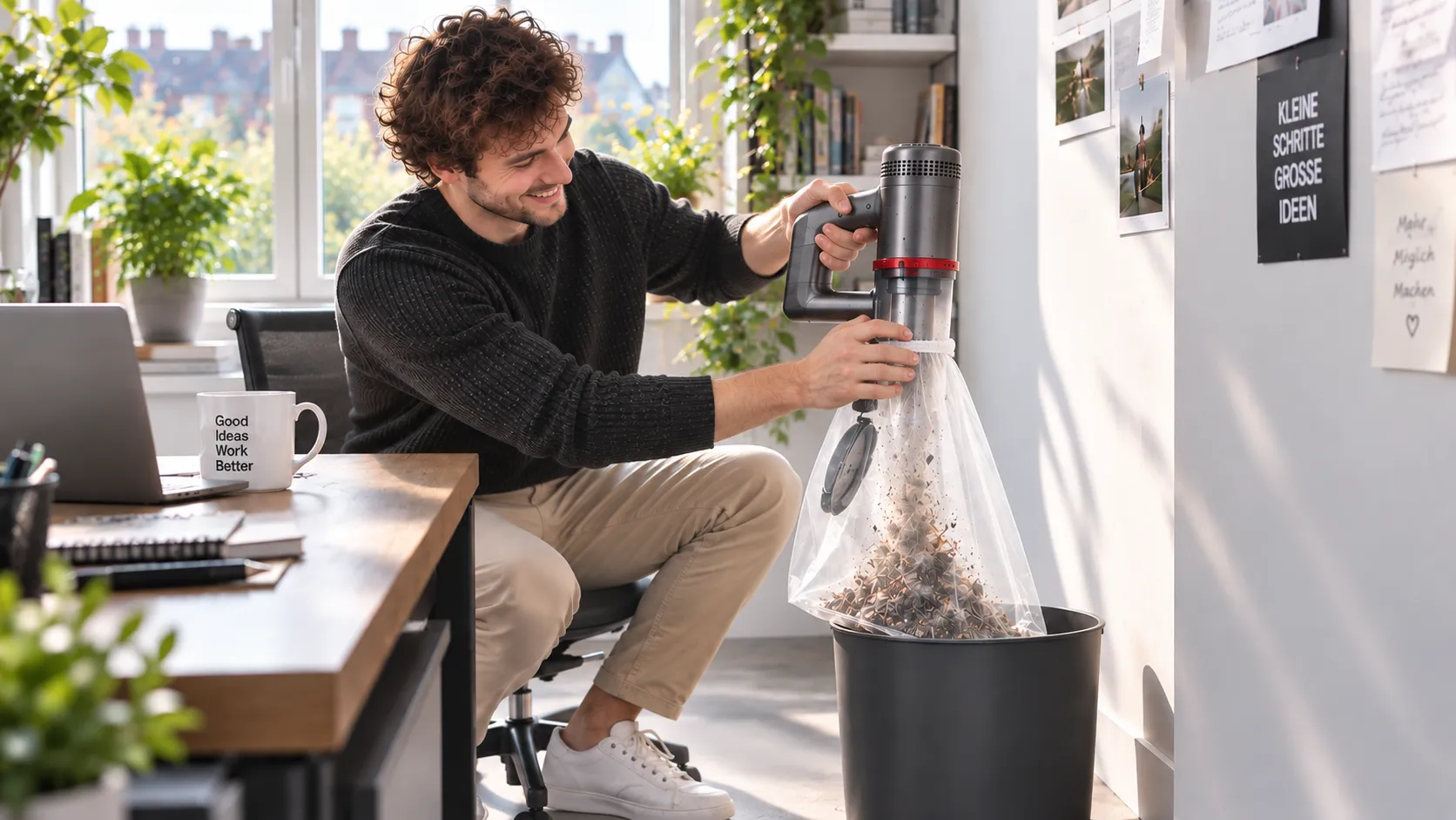 Ein Mann entleert im Homeoffice seinen Akku-Sauger über dem Papierkorb; der Sleeve hängt am Behälter und fängt den Staub auf.